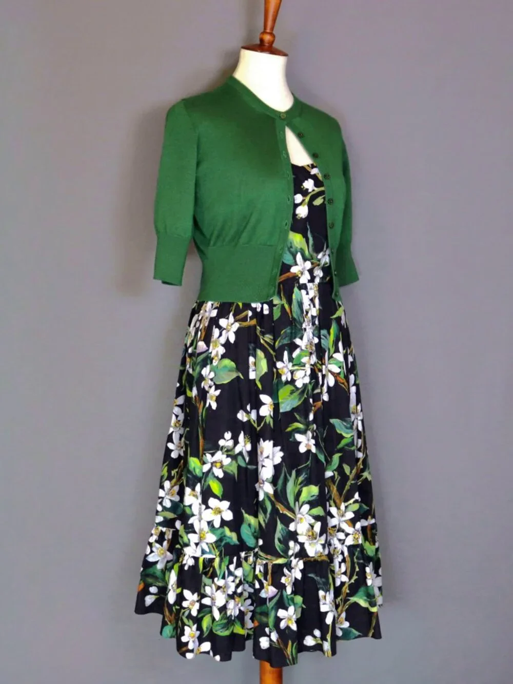 Dolce & Gabbana Size 44 Dress Black Green Floral Orange Blossom Midi Dress - Picture 16 of 16
